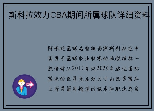 斯科拉效力CBA期间所属球队详细资料