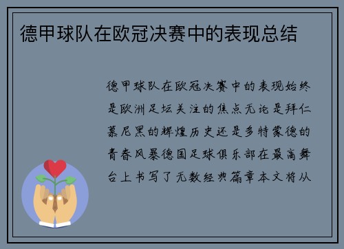 德甲球队在欧冠决赛中的表现总结