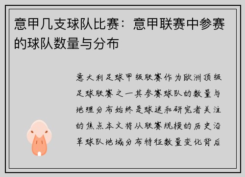 意甲几支球队比赛：意甲联赛中参赛的球队数量与分布