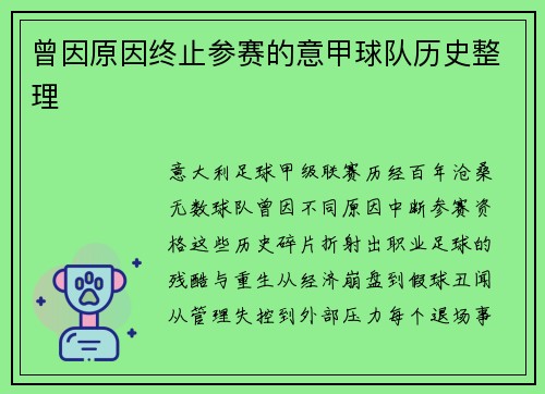 曾因原因终止参赛的意甲球队历史整理